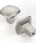 Six Pack Brushed Satin Nickel Cabinet Knobs Zinc Alloy Kitchen Hardware Smooth As Silk Finish on display, showcasing rounded square shape.