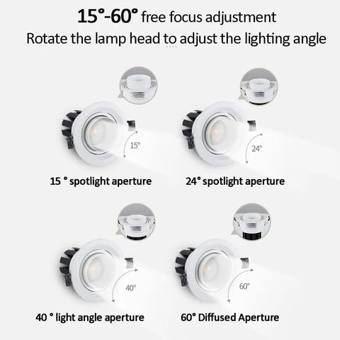UWYTGF 10 Pack 4.5 Inch Gimbal Led Recessed Light showing focus adjustment angles: 15°, 24°, 40°, 60° for adjustable lighting.