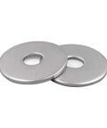 Two stainless steel Fender flat washers, 1/4 in ID x 1 in OD (front view)