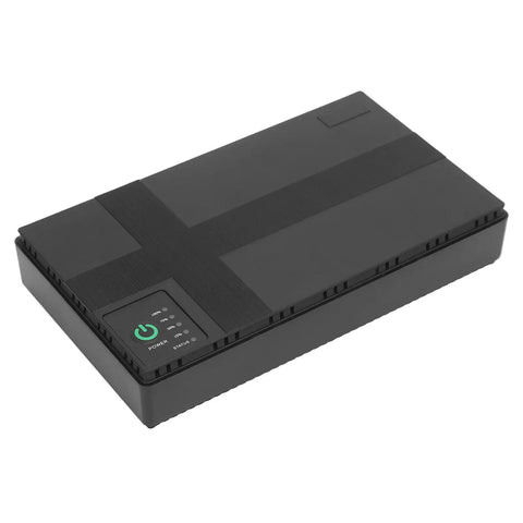 Portable UPS Battery Backup Stores 20000 Mah Of Ready To Go Juice For Cameras Routers And Media Devices Delivers Steady Outlets, black power bank with LED indicators.