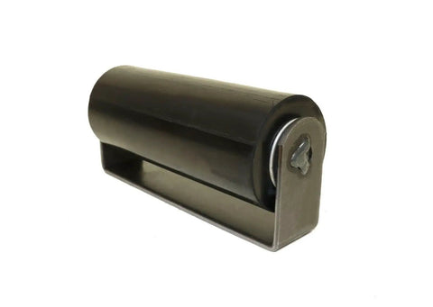 Side view of black 6 inch rubber top guide gate roller for sliding gates, heavy duty wheel, weld on, durable and maintenance free