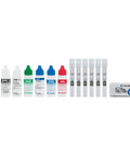 Smooth Sailing Pool Water Test Reagent Refill Pack Featuring Quality Dpd Fluids For Free Chlorine Total Chlorine pH Alkalinity And Calcium Hardness Checks with bottles and test tabs.