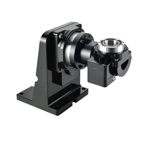 Top Shelf Fourth And Fifth Axis Motorized Hollow Rotating Platform Indexing Rotary Table Precision Cnc Rotation Stage For Robotic Arm Marking Rig side view of CNC rotary table with motor.