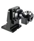 Heavy Duty 4Th And 5Th Axis Motorized Hollow Rotary Indexing Table For Cnc Machining And Robotic Arm Positioning With Bulletproof Kdr200130 Servo Drive and Slick Five To One Speed Ratio, black servo motor and sturdy base.