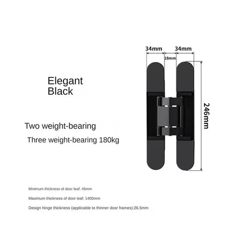Four Piece Invisible Secret Door Hinges Set With Hidden Three Dimensional Cross Adjustment for Wooden Doors, black, dimensions shown.
