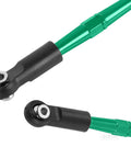 Close-up of green alloy camber turnbuckles with screws for 1/10 Big Rock V3 3S BLX and 1/8 Typhon RC cars, upgrade part
