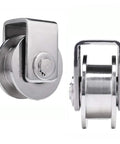 Set Of Two Heavy Duty 304 Stainless Steel Sliding Door Rollers With Sturdy H Track And Precision Pulley Bearings, showing pulley design.
