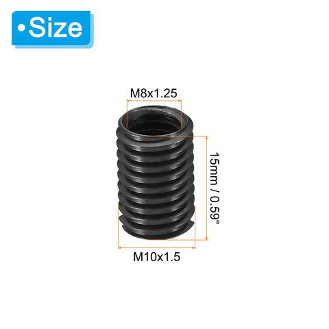 Front view of black knurled carbon steel threaded repair insert nut, 15mm long, M8x1.25 to M10x1.5 adapter