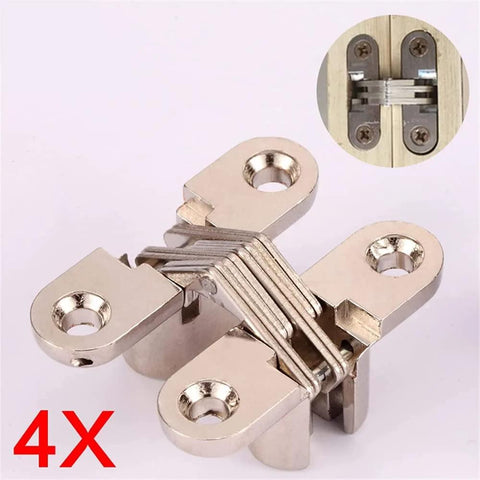 Hidden 8x42MM Concealed Cross Door Hinge With 180 Degree Swing And Screw Pack, shown in close-up and installed view.