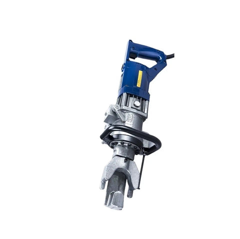 Portable Electric Rebar Cutter And Bender Machine RB16 with a steel head for automatic cutting on construction sites.