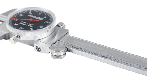 6 Inch Dial Caliper With 0.001 Inch Resolution Black Face Red Needle Stainless Steel Satin Chrome Finish Measures Inside Outside Depth In A Fitted Box close-up