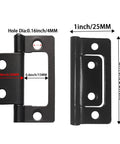 Two inch black non mortise door hinges showing hole diameter and dimensions, part of an Eight Piece Set Of Two Inch Non Mortise Door Hinges Rock Solid Iron Construction.