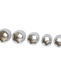 Close-up of five sockets from the 94 Piece Ratchet Wrench And Socket Tool Set Kit For Mechanics Chrome Steel Durable Pro Grade.