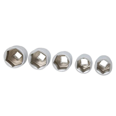Close-up of five sockets from the 94 Piece Ratchet Wrench And Socket Tool Set Kit For Mechanics Chrome Steel Durable Pro Grade.