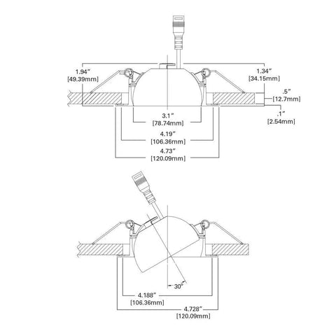 Technical diagram of 4 Inch Color Selectable 2700K To 5000K LED Recessed Canless Kit with Wide Beam Adjustable Gimbal