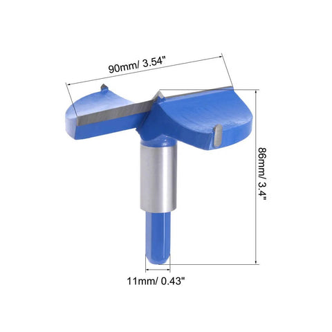 Forstner drill bit, side view, 90 mm tungsten carbide, blue body with gray shank for woodworking