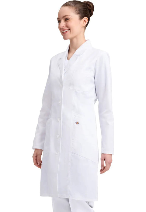 Contemporary Fit Women's 37 Inch Twill Fitted Lab Coat With Notched Lapels And Button Front In White Long Length Built For Durability And All Day Comfort