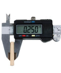 One Quarter Inch By One And A Half Inch Hardwood Dowel Pins, digital caliper measuring 0.250 inches, close-up