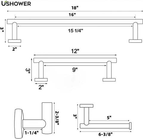 Diagram of Brushed Gold Bathroom Hardware Set 5-Piece Must Have With 18 Inch Towel Bar And 12 Inch Hand Towel Bar