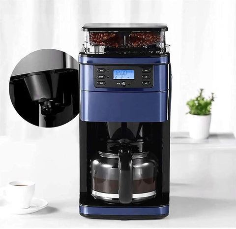 Auto Fresh Grind And Brew Coffee Machine With Built In Bean Grinder, blue finish, large capacity, for home office or small biz.