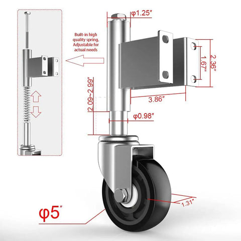 Rock Solid Five Inch Spring Loaded Gate Wheel Caster For Outdoor Timber And Steel Fences Roll Like Butter Heavy Duty Rig Built Tough For Farms And Driveways Two Pack Hardware Upgrade close-up showing dimensions and adjustability of wheel caster.