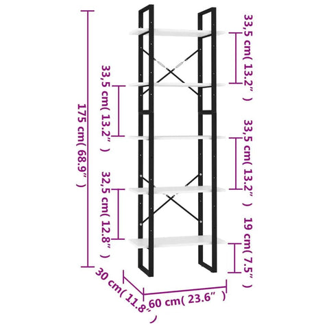 Go-To Industrial 5 Tier White Book Cabinet With Black Metal Frame, dimensions labeled, open shelving for living room or office