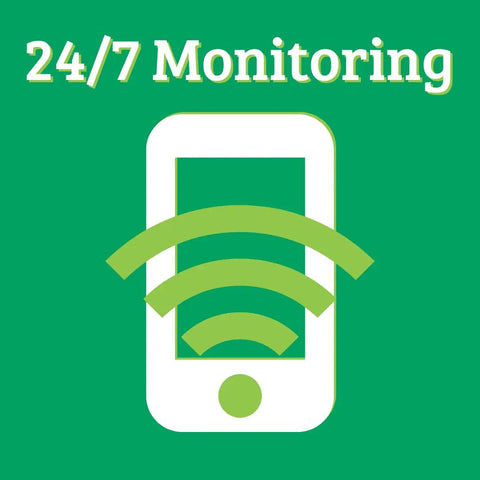 24/7 monitoring symbol for Straight Up Heavy Duty Sump Pump Combined With Rock Solid Battery Backup Power System.