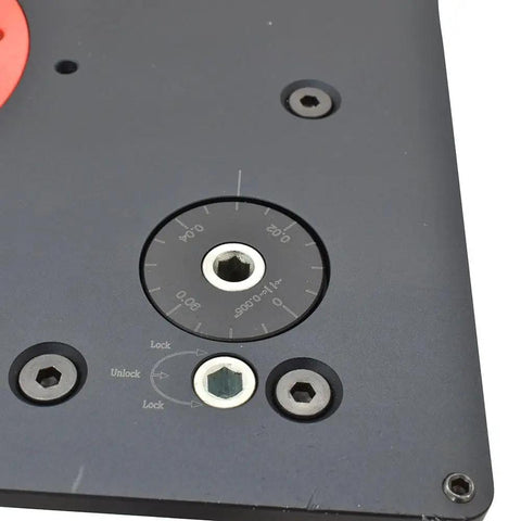 Close-up of Smooth As A Dream Universal Base Mount Router Lift's height adjustment dial and locking mechanism.