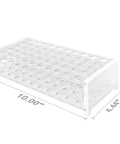Plastic Test Tube Rack For 15 To 18 mm Tubes, 50 Hole Capacity, Detachable Lab Organizer in clear polystyrene with size dimensions.