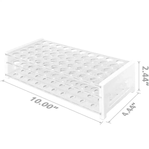 Plastic Test Tube Rack For 15 To 18 mm Tubes, 50 Hole Capacity, Detachable Lab Organizer in clear polystyrene with size dimensions.