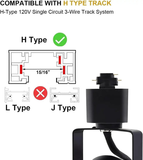 Diagram showing 10W LED Track Lighting Heads 12 Pack Cool White 4000K Dimmable Ultra Bright 900 Lumens Each H Type track compatibility
