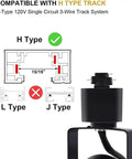 Diagram showing Hella Bright 10W H Track Lighting Heads 3000K Warm White Dimmable LED Track Lights 120V compatibility with H-type tracks.