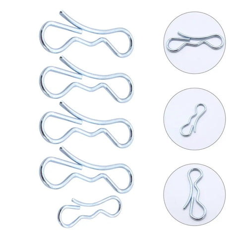 Top Rated 5 Pack Silver Alloy Steel Split Cotter Pins laid out with different angles for heavy duty mechanical jobs and DIY projects.