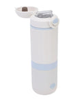 Rechargeable Electric Kettle And 316 Stainless Steel Travel Mug With 500ml Quick Boil and Temp Settings in white and blue color.