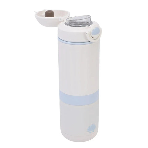 Rechargeable Electric Kettle And 316 Stainless Steel Travel Mug With 500ml Quick Boil and Temp Settings in white and blue color.