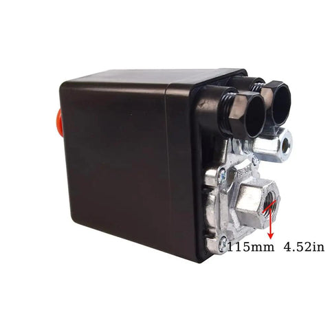 Side view of Heavy Duty Pro Grade Air Compressor Pressure Switch Regulating Valve 90 To 120 Psi For 220 To 240 Volt Systems with four ports