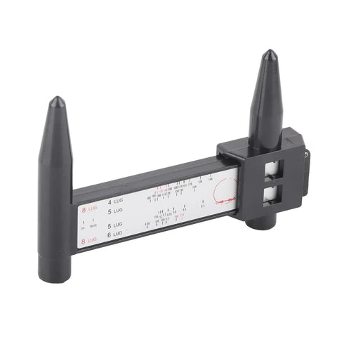 Slick Sliding Rim Gauge For Instant Bolt Pattern Readouts Fits Standard 4 5 6 8 Lug Sets, compact black polymer measuring tool.
