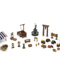 Warlock Tiles Marketplace Accessory For Dungeons And Dragons And Tabletop RPGs With Dope Modular Market Stalls Produce A Detailed Translucent Water Fountain A Travel Size Cart For Cargo Or Escaping Adventurers And Crates To Stash Loot shown with various accessories and stalls.