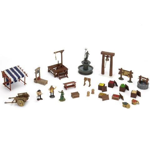Warlock Tiles Marketplace Accessory For Dungeons And Dragons And Tabletop RPGs With Dope Modular Market Stalls Produce A Detailed Translucent Water Fountain A Travel Size Cart For Cargo Or Escaping Adventurers And Crates To Stash Loot shown with various accessories and stalls.