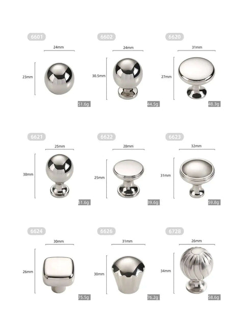 Multiple models of Titanium Silver Zinc Alloy Cabinet Door Handle Set for Cupboard and Wardrobe Pulls, Single Hole Drawer Knob, Heavy-Duty DIY Furniture Hardware with Smooth Silver Finish, Easy Install, Model 6197 displayed in different sizes and shapes.