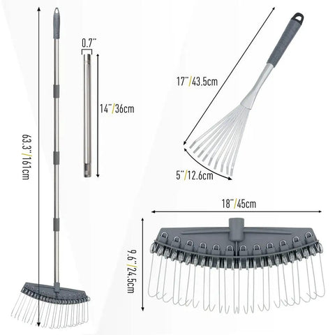 Adjustable 17 to 63 Inch Thatch Rake with 24 steel tines, 18-inch head, ergonomic handle, for garden cleanup debris removal.