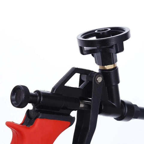 Close-up of an Expanding Foam Gun With PTFE Coated Barrel showing trigger and valve, Upgraded Teflon Foam Dispensing Tool, Red