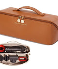 Travel Hair Tool Case For Dyson Airwrap And Shark FlexStyle with double compartments in brown waterproof leather, shown open and closed.