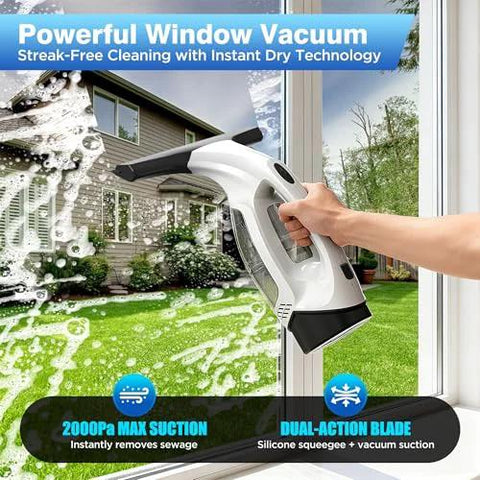 Cordless window vacuum squeegee in-use view, white with black accents cleaning a glass window