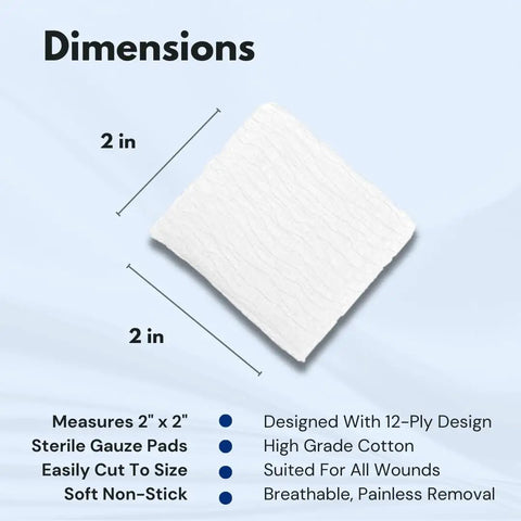 Sterile 2x2 Gauze Pads 100 Count Disposable and Individually Wrapped for Wound Care, showing 2-inch square dimensions.