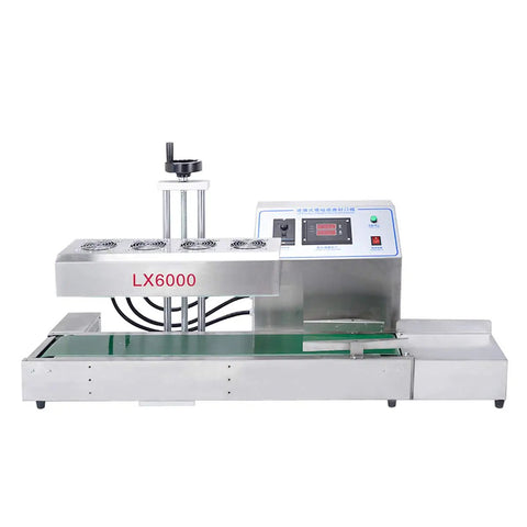 Continuous Induction Bottle Cap Sealer Machine LX6000, durable design for 20-80 mm caps, 220V electromagnetic seal.