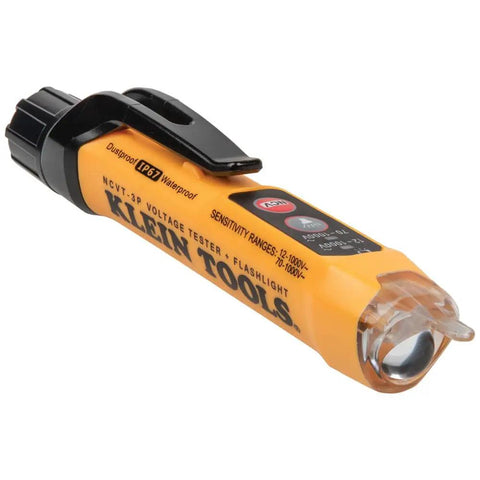 NCVT3PKIT Dual Range Non Contact Voltage Tester Kit With Flashlight, Klein Tools, orange casing, side view.