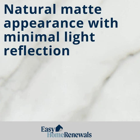 Text on white marble texture highlighting natural matte appearance, part of Budget Buy Kitchen Countertop Makeover With Seamless Honed White Marble Vinyl Laminate Cover Peel And Stick Self Adhesive Easy Install 36 By 144 Inch Durable DIY Marble Look No Seams