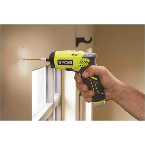 Using Compact 4V Lithium Screwdriver With One Quarter Inch Hex Chuck Two Speed Gearbox on wall, visible drill bit and rubber grip