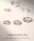 Three 16G Helix Earrings With V Shaped CZ Inlay 316L Surgical Steel on display for Helix Conch Daith Piercings